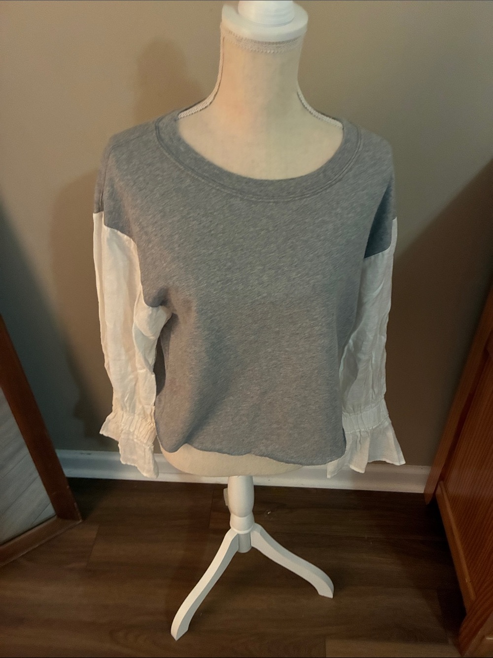 Stateside Grey Pullover with White Ruffled Sleeve Details
